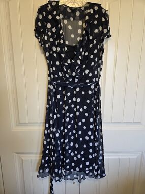 J.B.S. Navy and White Polka Dot Ruffle Midi Dress